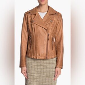 NWT- Max Studio Cognac Faux Leather Moto Jacket, Asymmetrical Design